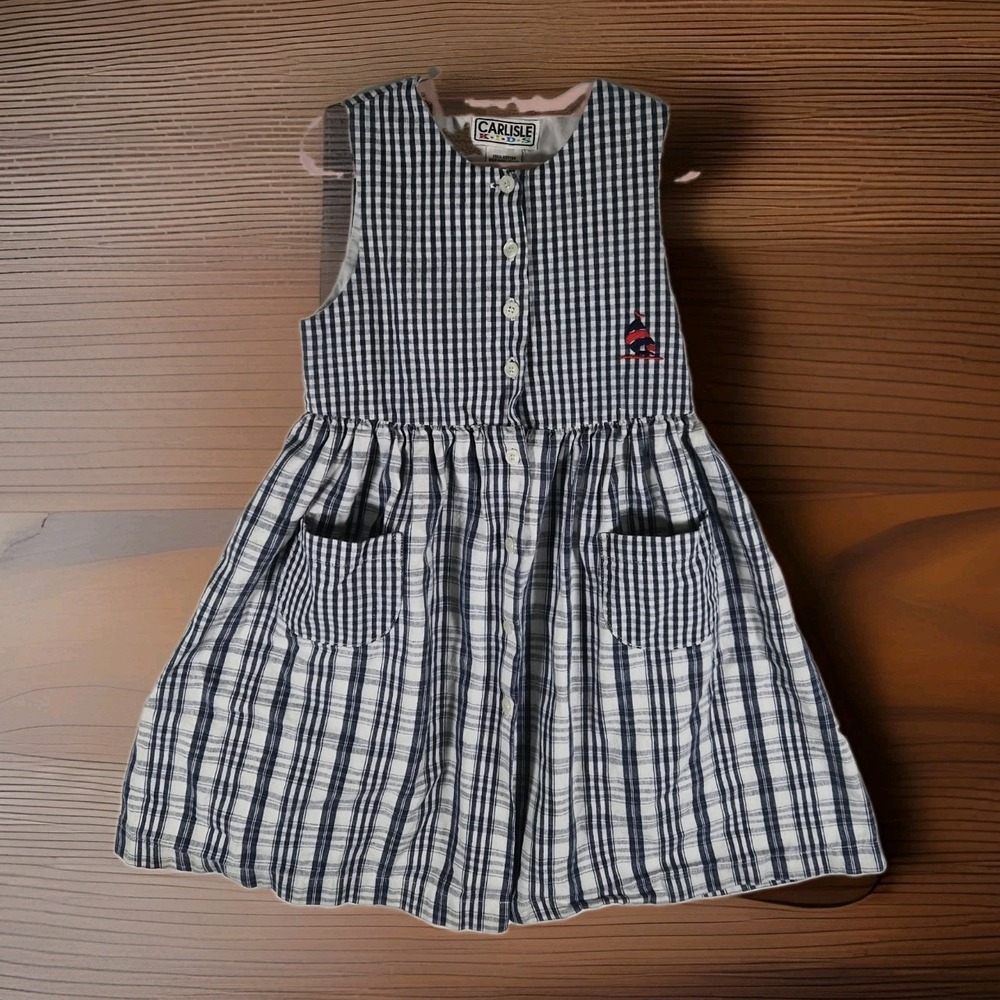 Vintage 90s Carlisle Kids Girls 4T Navy Plaid Sailboat Button Front Dress